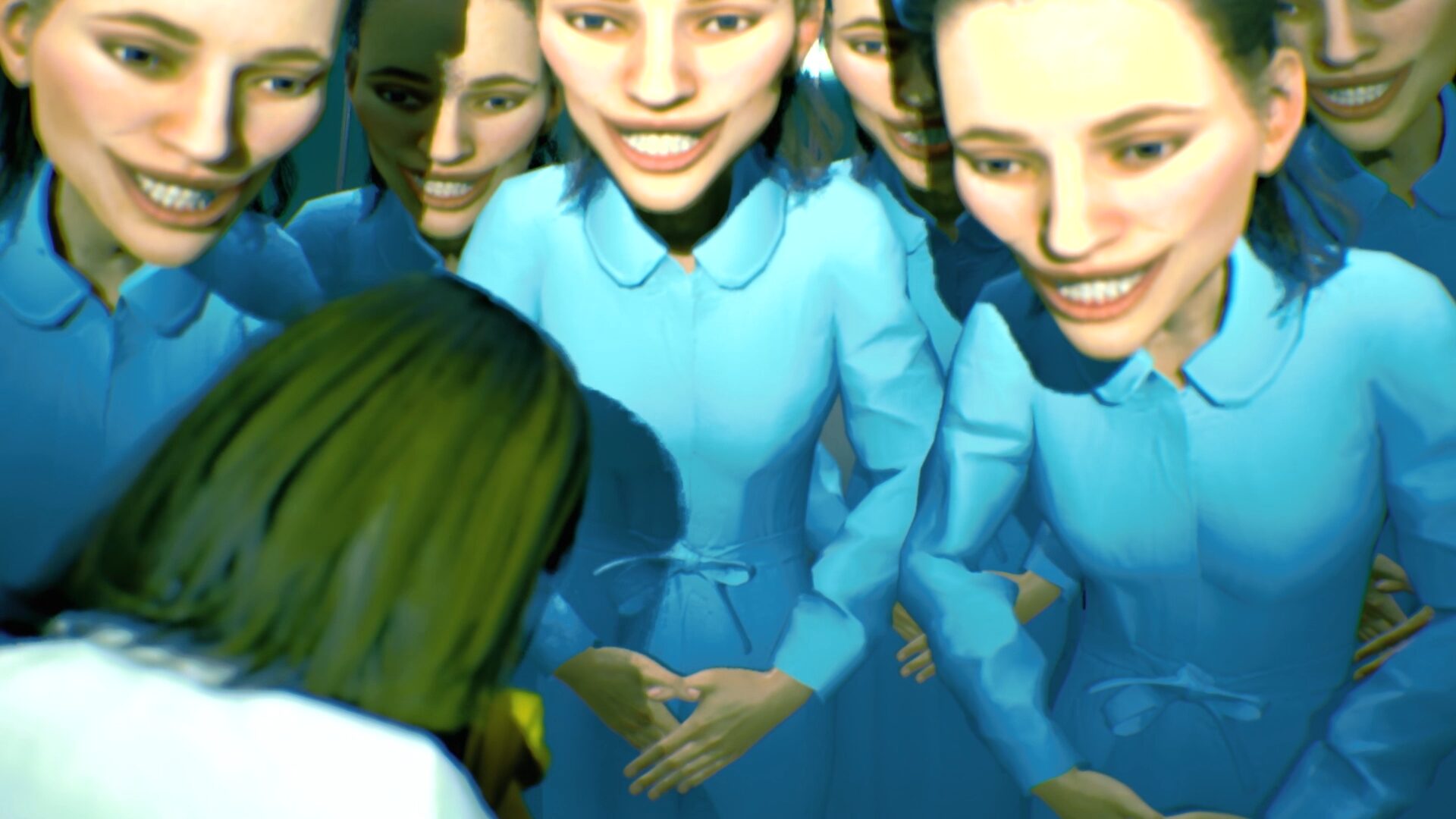 UN:Me showing several faces around the protagonist during a tense scene
